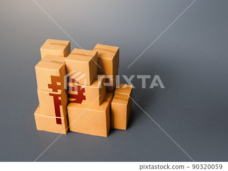 Boxes with philippine pesosymbol. Transportation logistics. Consumption economics, imports exports. Gross Domestic Product. Distribution of goods. Manufacturing industry and trade. Retail of products. Boxes with philippine pesosymbol. Transportation logistics. Consumption economics, imports exports. Gross Domestic Product. Distribution of goods. Manufacturing industry and trade. Retail of products. 90320059