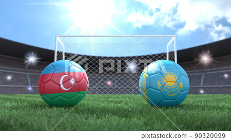 Two soccer balls in flags colors on stadium blurred background. Azerbaijan and Kazakhstan. 3d image 90320099