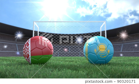 Two soccer balls in flags colors on stadium blurred background. Belarus and Kazakhstan. 3d image 90320171