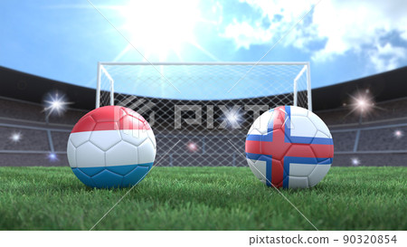 Two soccer balls in flags colors on stadium blurred background. Luxembourg and Faroe Islands. 3d image 90320854