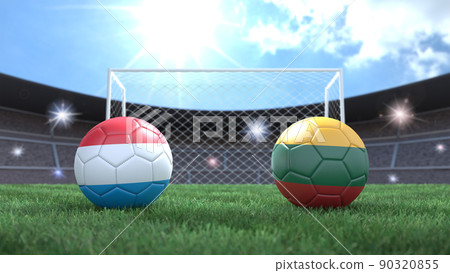 Two soccer balls in flags colors on stadium blurred background. Luxembourg and Lithuania. 3d image 90320855