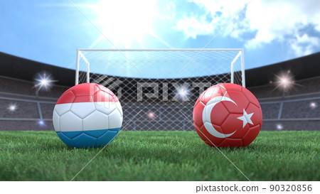 Two soccer balls in flags colors on stadium blurred background. Luxembourg and Turkey. 3d image 90320856
