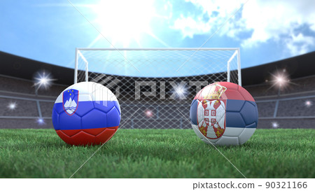 Two soccer balls in flags colors on stadium blurred background. Slovenia and Serbia. 3d image Two soccer balls in flags colors on stadium blurred background. Slovenia and Serbia. 3d image 90321166