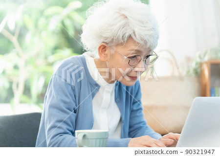 Senior woman heading to a computer in the living room 90321947