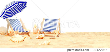 Relax on tropical beach in the sun on deck chairs under umbrella. 90322086