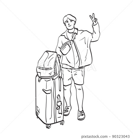 full length smiling male traveler with victory hand sign holding travel luggage illustration vector hand drawn isolated on white background line art. 90323043