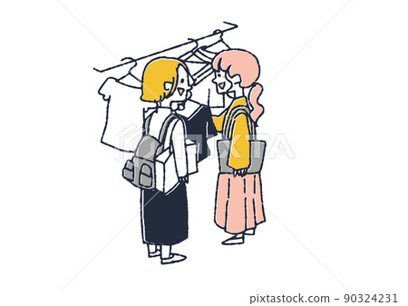 一個和朋友來找衣服的女人，一個滑稽的手寫人物矢量圖，一個溫暖的線條畫 90324231