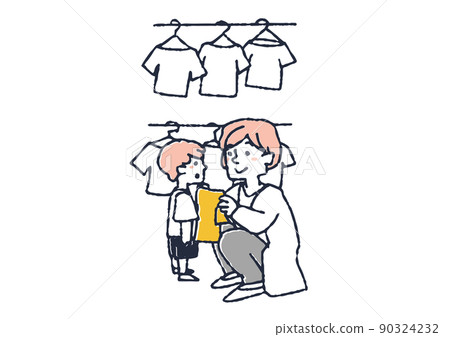 媽媽在尋找適合她兒子的童裝漫畫手寫人矢量，暖線畫 90324232