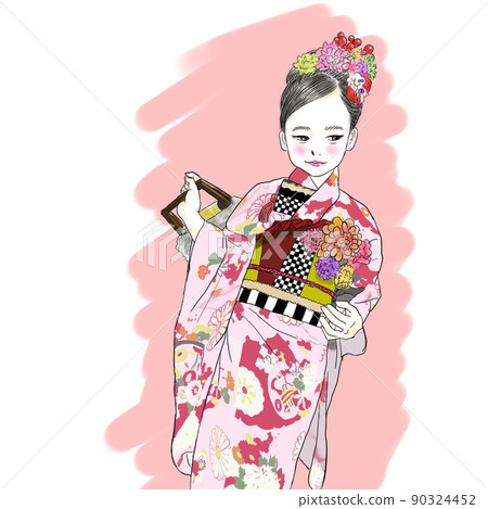 Shichigosan, a 7-year-old girl in a kimono with a flowing eye 90324452