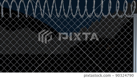 Close-up full frame shot of metal chainlink fence against sky during war 90324790