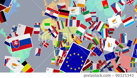 Illustrative image of various countries national flags and world map on gray background, copy space 90325343