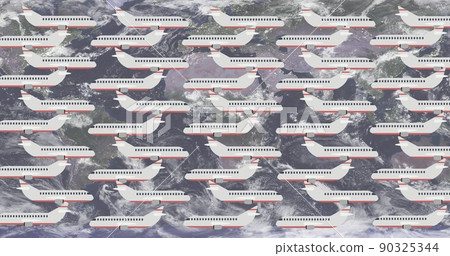 Illustrative image of multiple white airplanes flying against globe 90325344