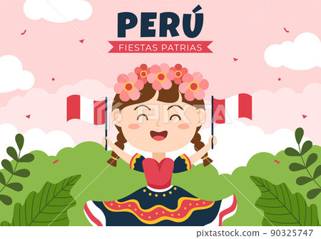 Felices Fiestas Patrias or Peruvian Independence Day Cartoon Illustration with Flag and Cute People for National Holiday Peru Celebration on 28 july in Flat Style Felices Fiestas Patrias or Peruvian Independence Day Cartoon Illustration with Flag and Cute People for National Holiday Peru Celebration on 28 july in Flat Style 90325747