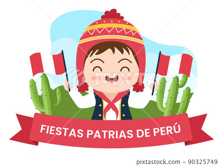 Felices Fiestas Patrias or Peruvian Independence Day Cartoon Illustration with Flag and Cute People for National Holiday Peru Celebration on 28 july in Flat Style 90325749