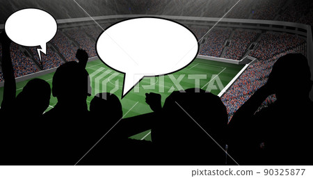 Image of gold confetti over sports fans and speech bubble with copy space in sports stadium Image of gold confetti over sports fans and speech bubble with copy space in sports stadium 90325877