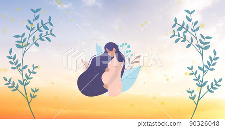 Image of illustration of butterflies flying over pregnant woman 90326048