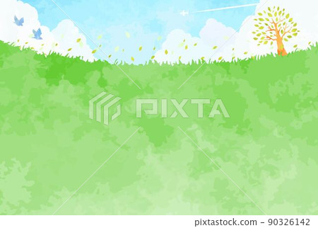 柔和的手繪樹木、鳥類和草地的風景插圖 90326142