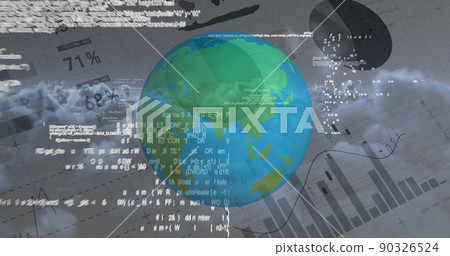 Spinning globe and data informations against financial data document 4k Spinning globe and data informations against financial data document 4k 90326524