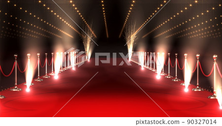 Long red carpet with spotlights against red background 90327014