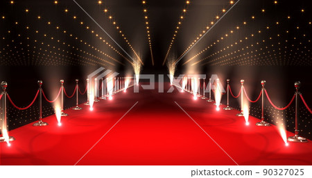 Long red carpet with spotlights against red background 90327025