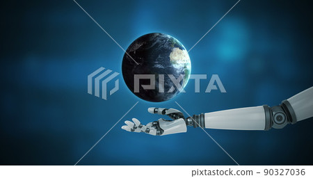 Robotic hand presenting digital globe Robotic hand presenting digital globe 90327036