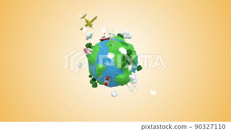 Digitally generated of aircraft traveling around the world 90327110