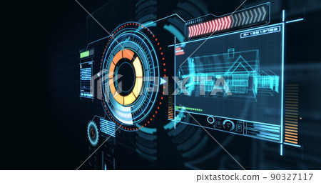 Digitally generated building wireframe and circular pattern 90327117