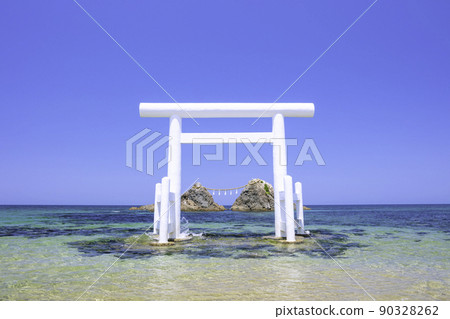 White torii gate and Meotoiwa in Futigaura, Itoshima City, Fukuoka Prefecture 90328262