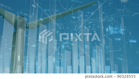 Image of graphs and financial data over wind turbine Image of graphs and financial data over wind turbine 90328555