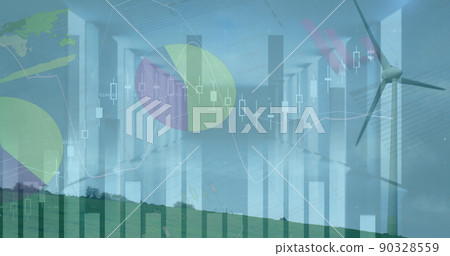 Image of graphs and financial data over wind turbine Image of graphs and financial data over wind turbine 90328559