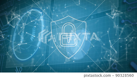 Image of online security padlock icon with network of connections, scope scanning Image of online security padlock icon with network of connections, scope scanning 90328560