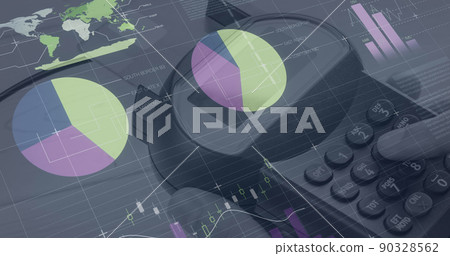 Image of graphs and financial data over hand of caucasian man holding payment terminal Image of graphs and financial data over hand of caucasian man holding payment terminal 90328562