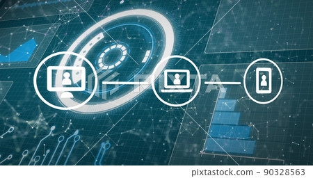 Image of icons with network of connections and data processing screens 90328563