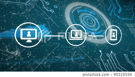 Image of icons with network of connections, scope scanning and data processing Image of icons with network of connections, scope scanning and data processing 90328589