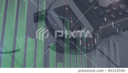 Image of graphs and financial data over hand of caucasian man holding payment terminal Image of graphs and financial data over hand of caucasian man holding payment terminal 90328590