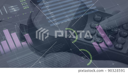 Image of graphs and financial data over hand of caucasian man holding payment terminal Image of graphs and financial data over hand of caucasian man holding payment terminal 90328591