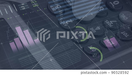 Image of graphs and financial data over hand of caucasian man holding payment terminal Image of graphs and financial data over hand of caucasian man holding payment terminal 90328592