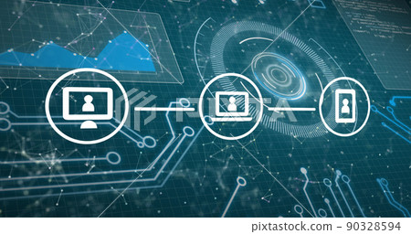 Image of icons with network of connections, scope scanning and data processing Image of icons with network of connections, scope scanning and data processing 90328594