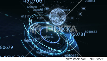 Image of numbers changing, scope scanning and globe 90328595