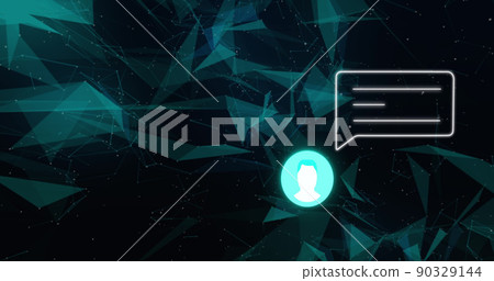 Image of green shapes and social media alert with user icon over black background 90329144