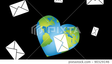 Image of emails floating over heart shaped globe on black background Image of emails floating over heart shaped globe on black background 90329146