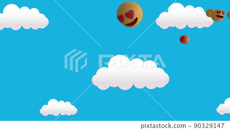 Image of emoticons floating over blue sky with clouds Image of emoticons floating over blue sky with clouds 90329147
