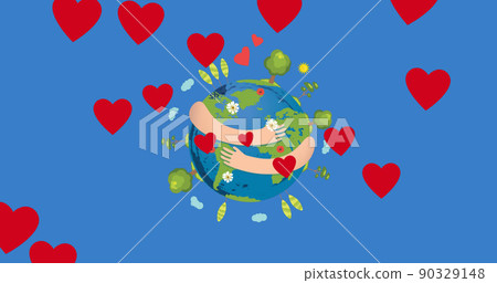 Image of hearts floating over hands holding globe on blue background Image of hearts floating over hands holding globe on blue background 90329148
