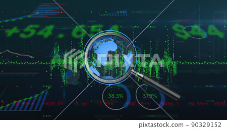 Image of financial data processing and magnifying glass over navy background Image of financial data processing and magnifying glass over navy background 90329152