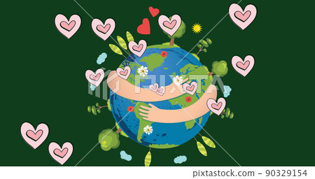 Image of hearts floating over hands holding globe on green background Image of hearts floating over hands holding globe on green background 90329154