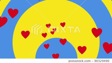 Image of hearts floating over circles in colours of ukrainian flag Image of hearts floating over circles in colours of ukrainian flag 90329490