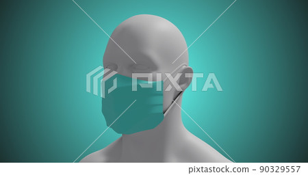 Image of a 3D human body model wearing a face mask on blue background. Image of a 3D human body model wearing a face mask on blue background. 90329557