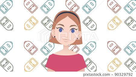 Image of woman talking over school bag icons Image of woman talking over school bag icons 90329792