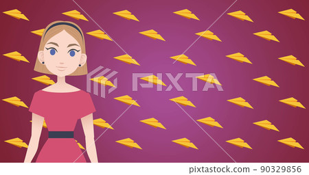 Image of woman talking over paper plane icons Image of woman talking over paper plane icons 90329856