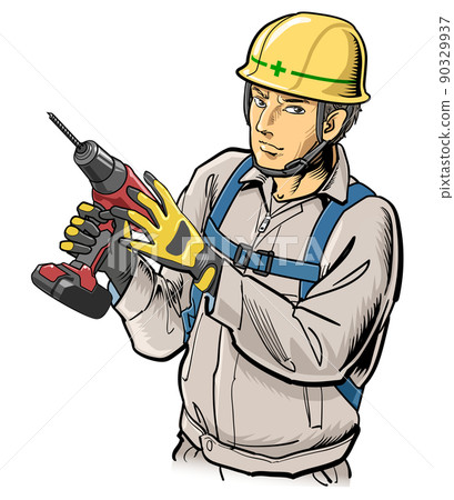 Construction worker with a drill driver 90329937